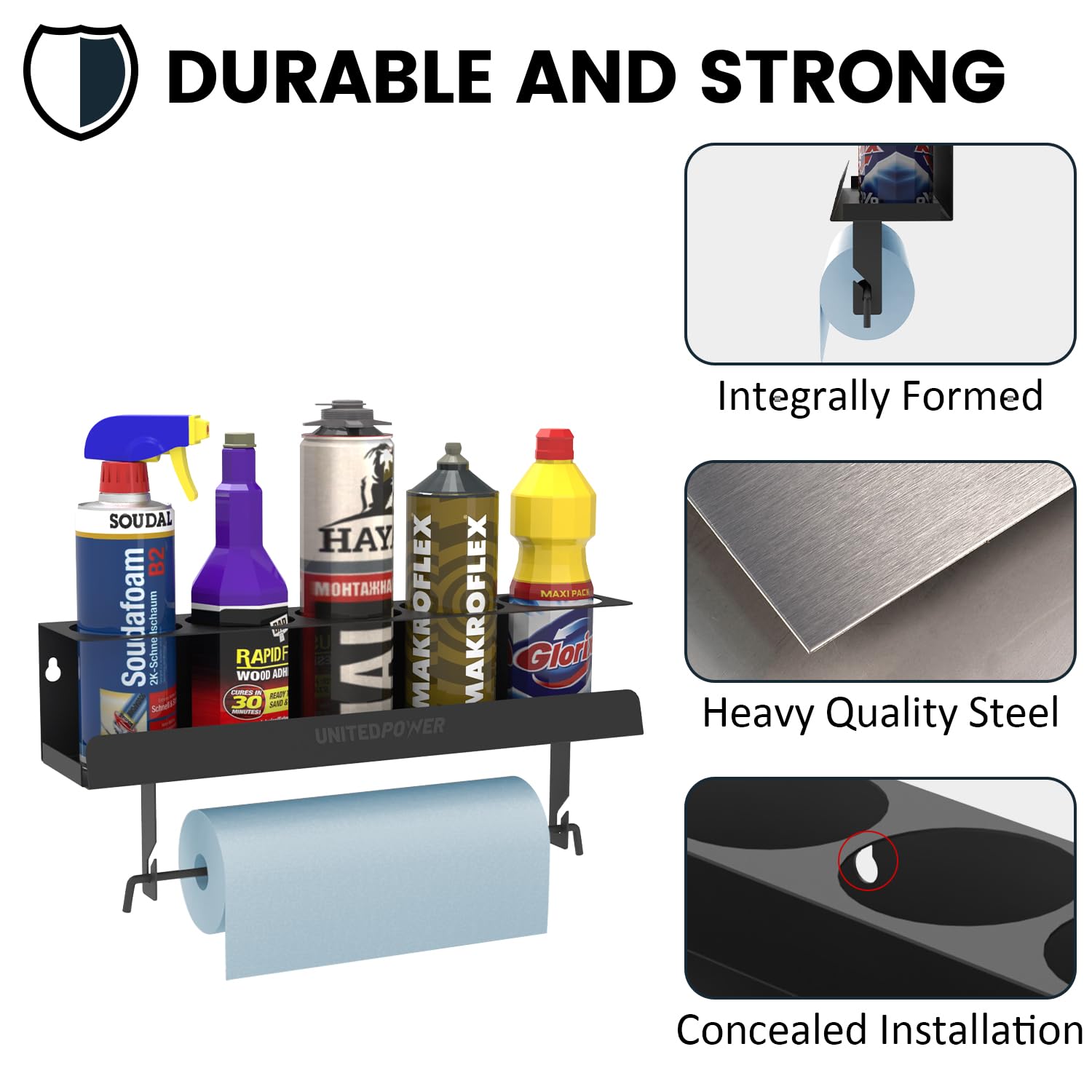 UNITEDPOWER steel wall mount shelf offers durable organization for tools.