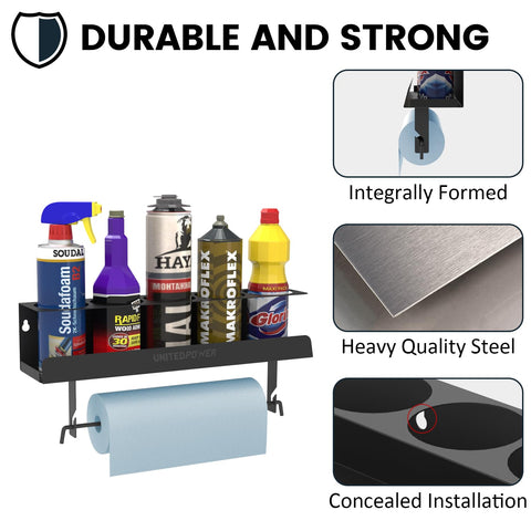 UNITEDPOWER steel wall mount shelf offers durable organization for tools.