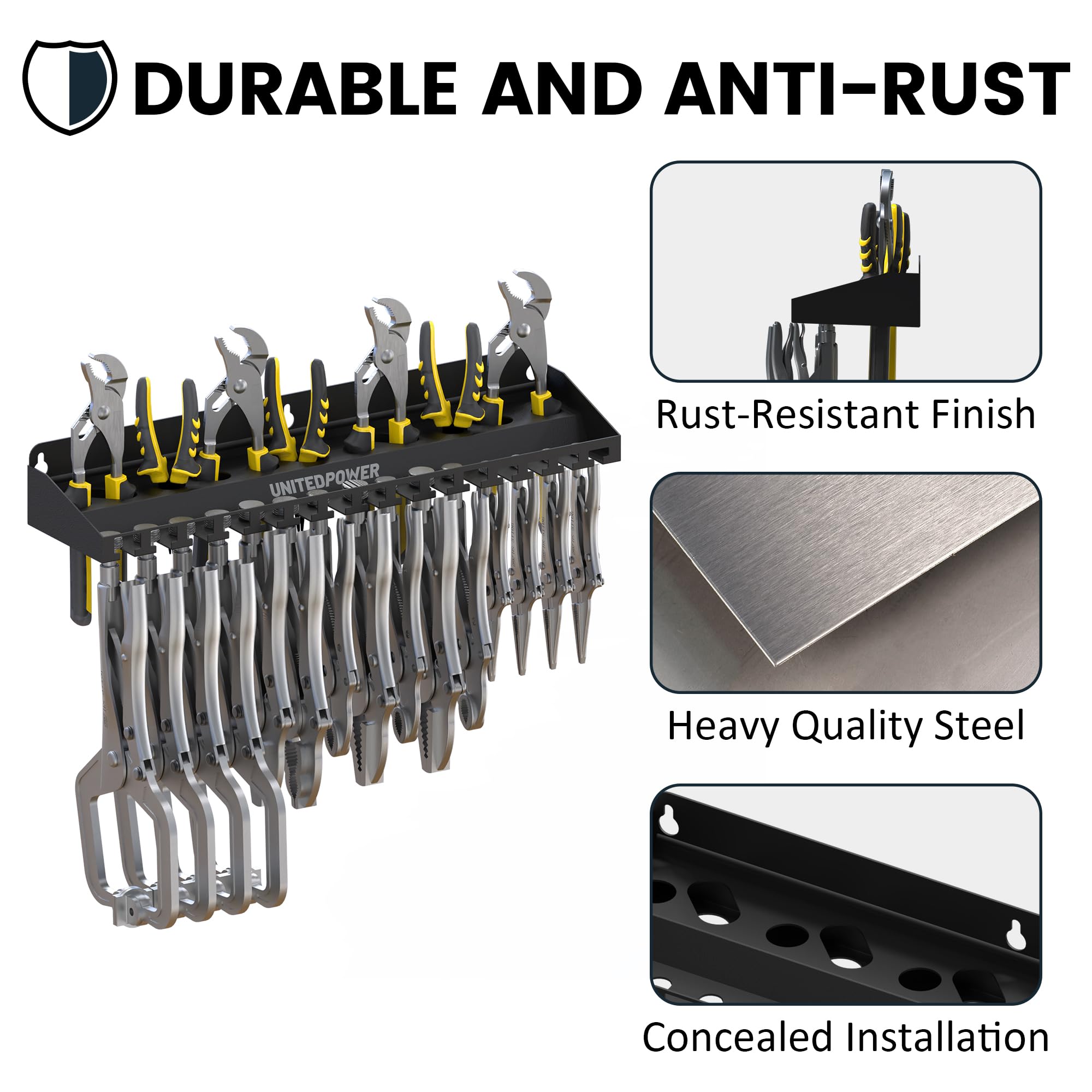 UNITEDPOWER tool tray mounted on wall highlighting vertical storage