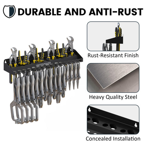 UNITEDPOWER tool tray mounted on wall highlighting vertical storage