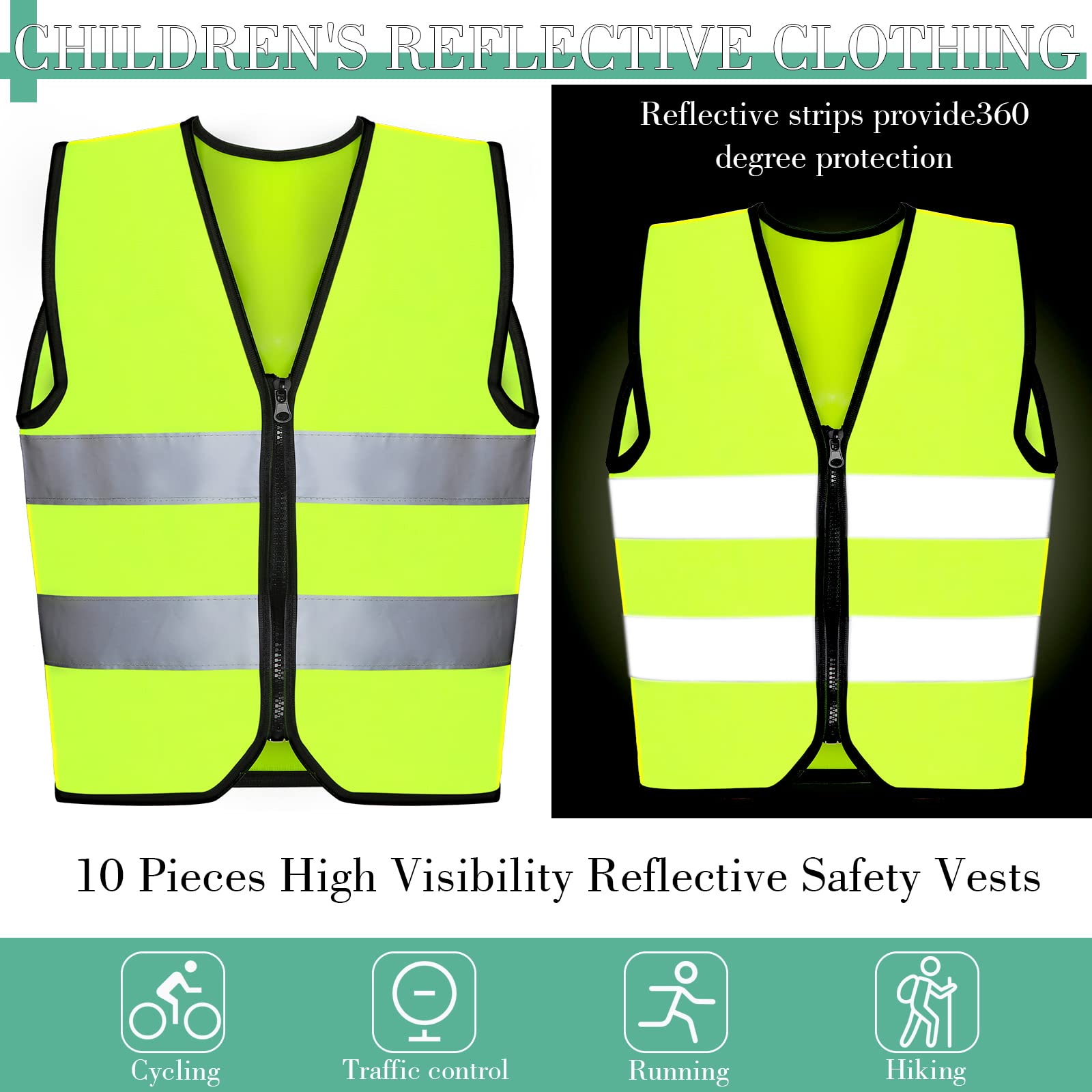 Unittype kids safety vest back view showing reflective strips for nighttime visibility