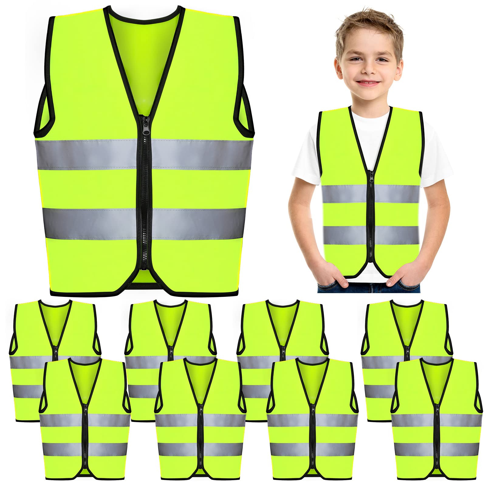 Unittype kids safety vest front view with bright neon for improved daytime visibility