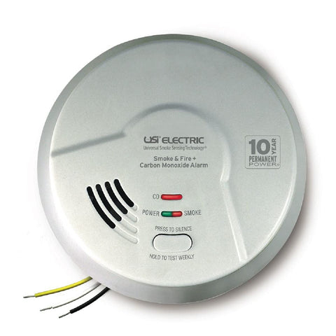 Universal Security Instruments MIC1509S smoke and CO alarm front view with 10-year sealed battery.