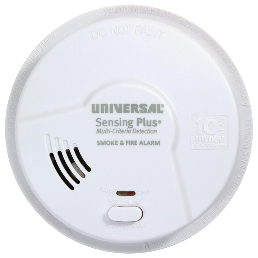 Universal Security Instruments Sensing Plus kitchen alarm provides 10-year sealed battery protection.
