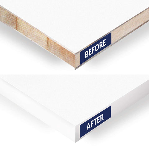 UNMAR shelf edge trim applied to bookshelf for edge protection.