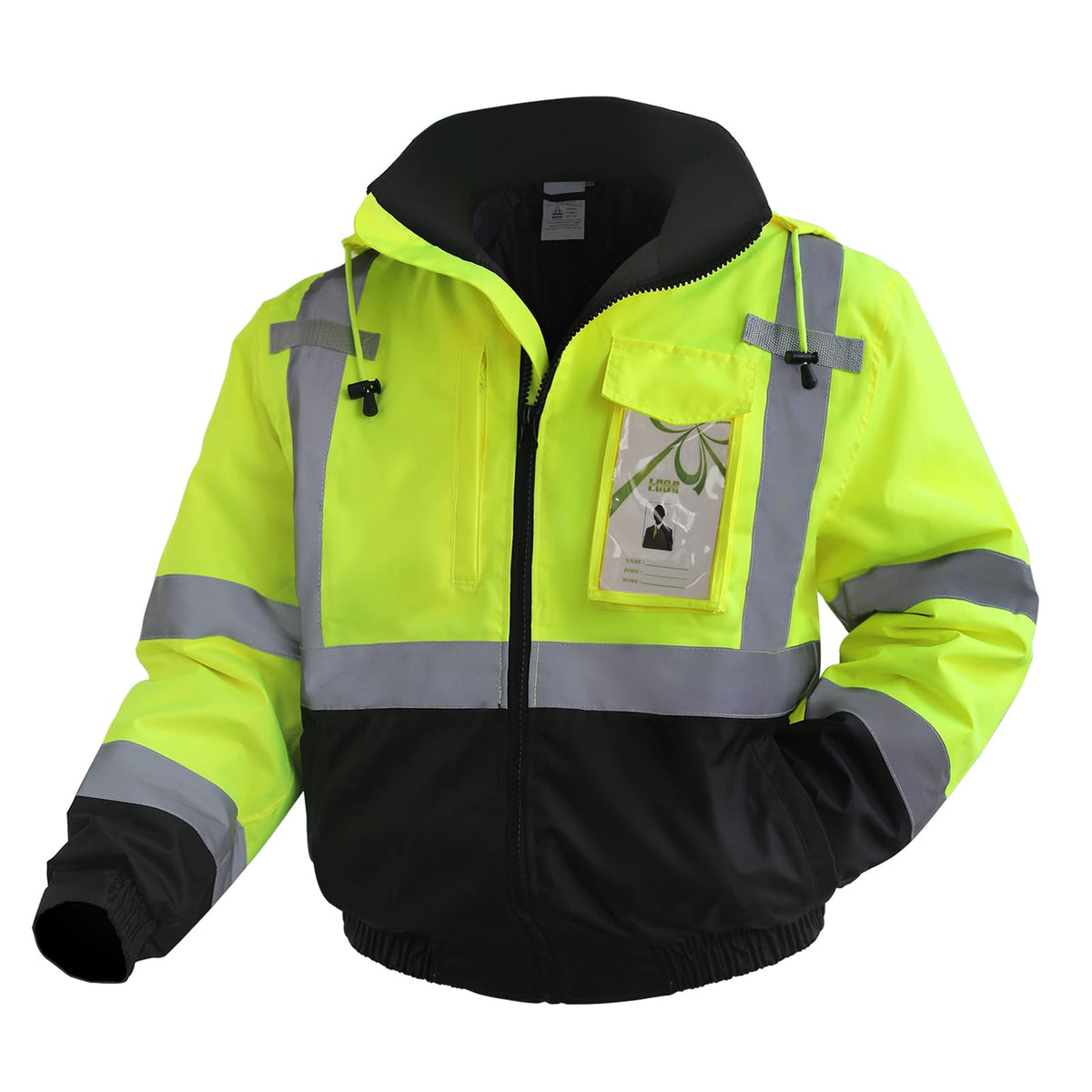 Uno Mejor reflective jacket front view with bright stripes for high-visibility job site safety.
