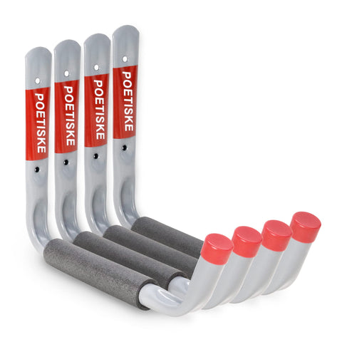 Unp Poetiske jumbo-arm utility hook secures kayak and gear on the wall.