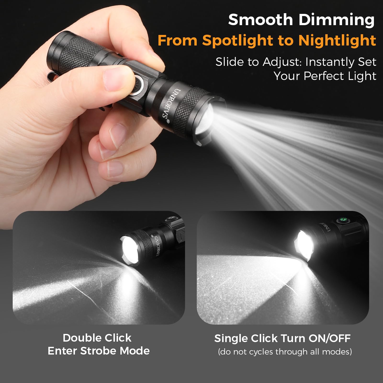 UNROEVS adjustable head flashlight shows flood and spot beams