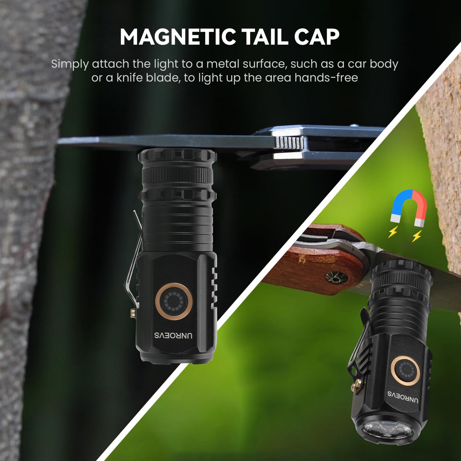 UNROEVS flashlight magnet base frees hands during repairs.