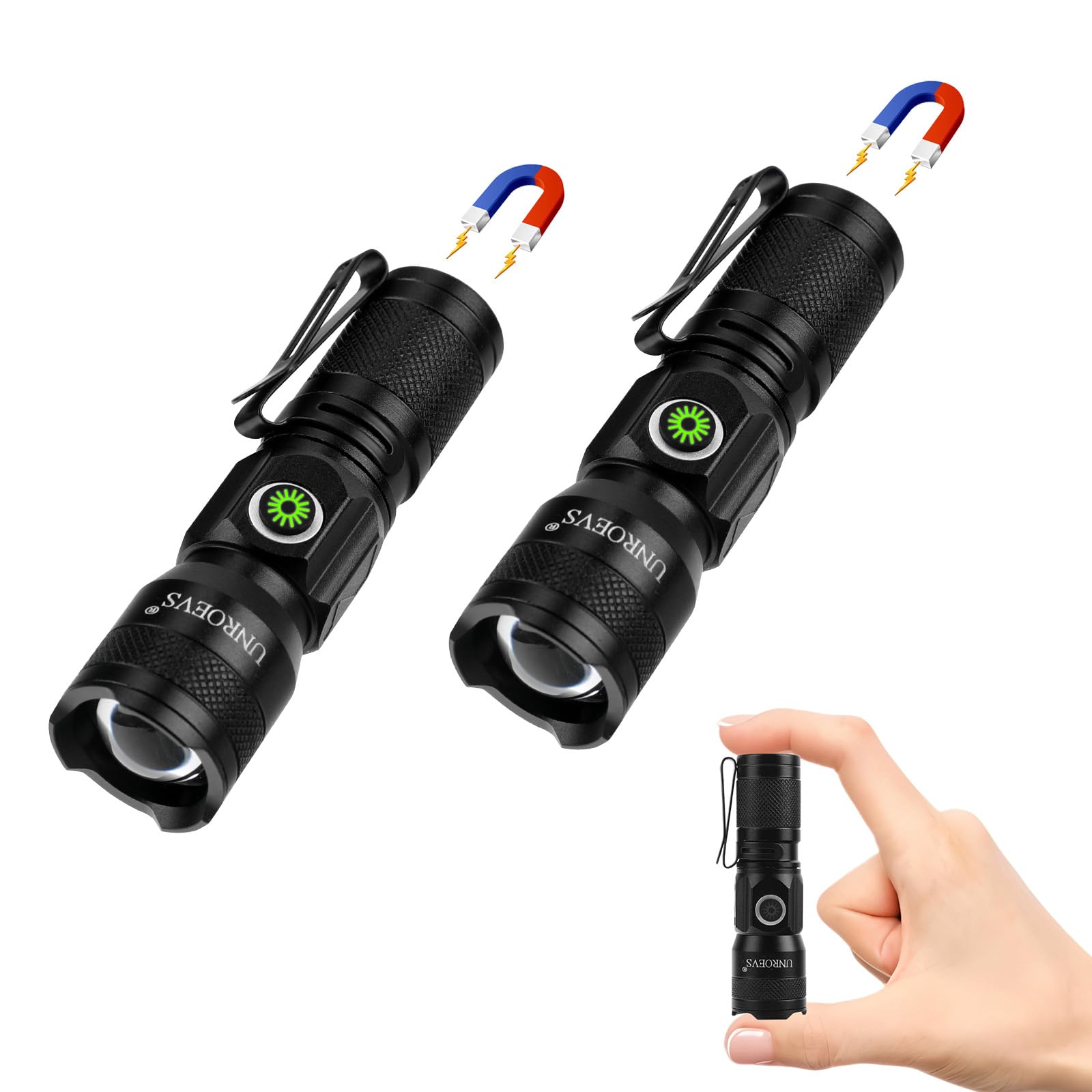 UNROEVS rechargeable EDC flashlight with magnet clip for hands free use