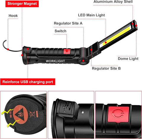 UNUSROOM magnetic-base work light sticks to metal surfaces for steady hands-free use.