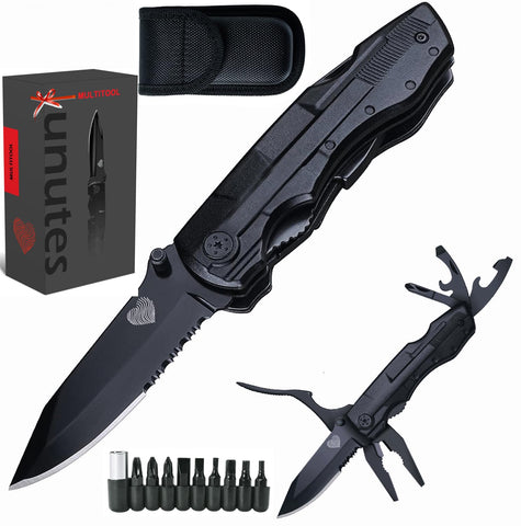 Unutes 14-in-1 multitool blade close-up, durable stainless steel for rugged outdoor tasks.