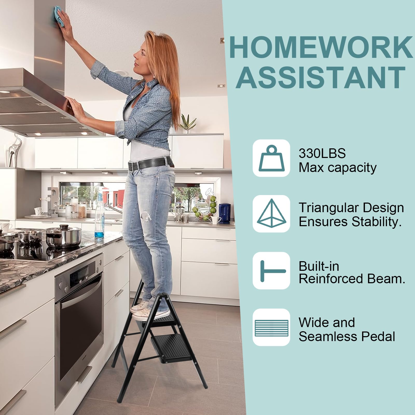 Uoisihur 2-step ladder with wide anti-slip pedals for stability.