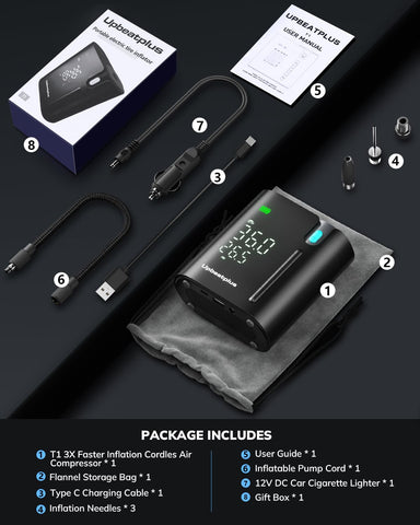 UpBeatPlus T1 versatile inflator adapts to cars, motorcycles, bicycles, and sports equipment.