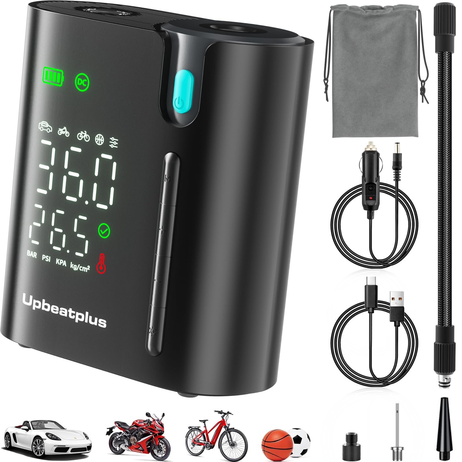 UpBeatPlus T1 front view shows portable inflator ready for quick roadside tire care.