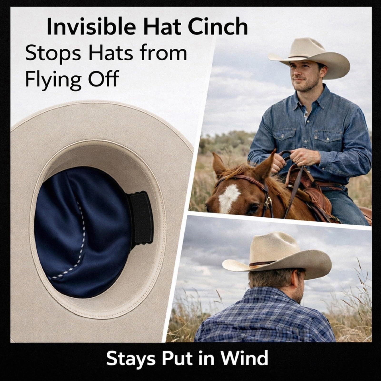 Upgraded Cowboy Hat Cinch hidden strap demonstrates discreet, secure retention.