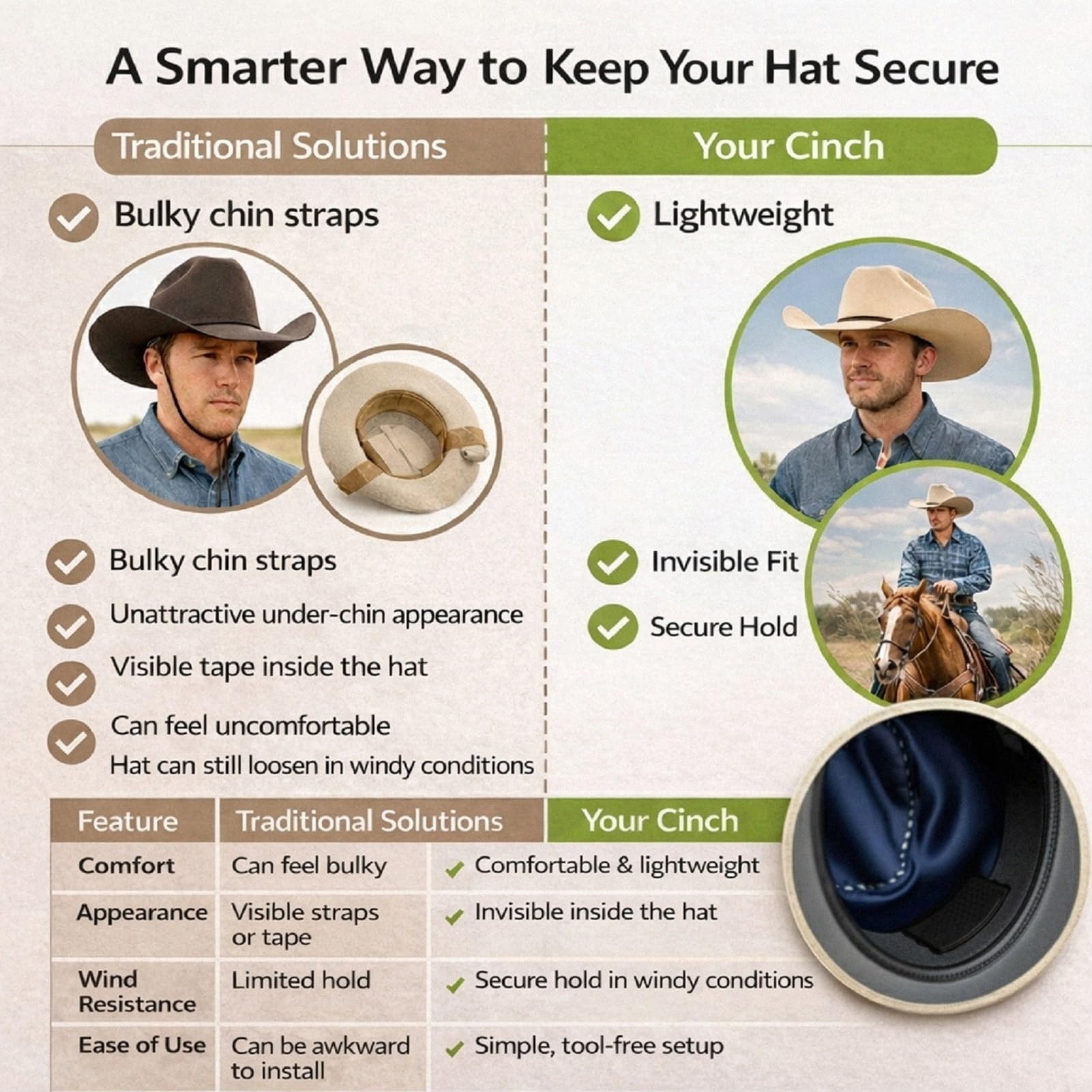 Upgraded Cowboy Hat Cinch inside sweatband view shows anti-slip grip.