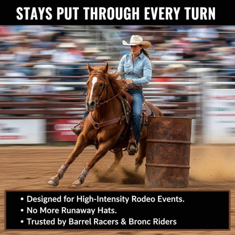 Upgraded Cowboy Hat Cinch side view reveals stealthy, invisible hold during rides.