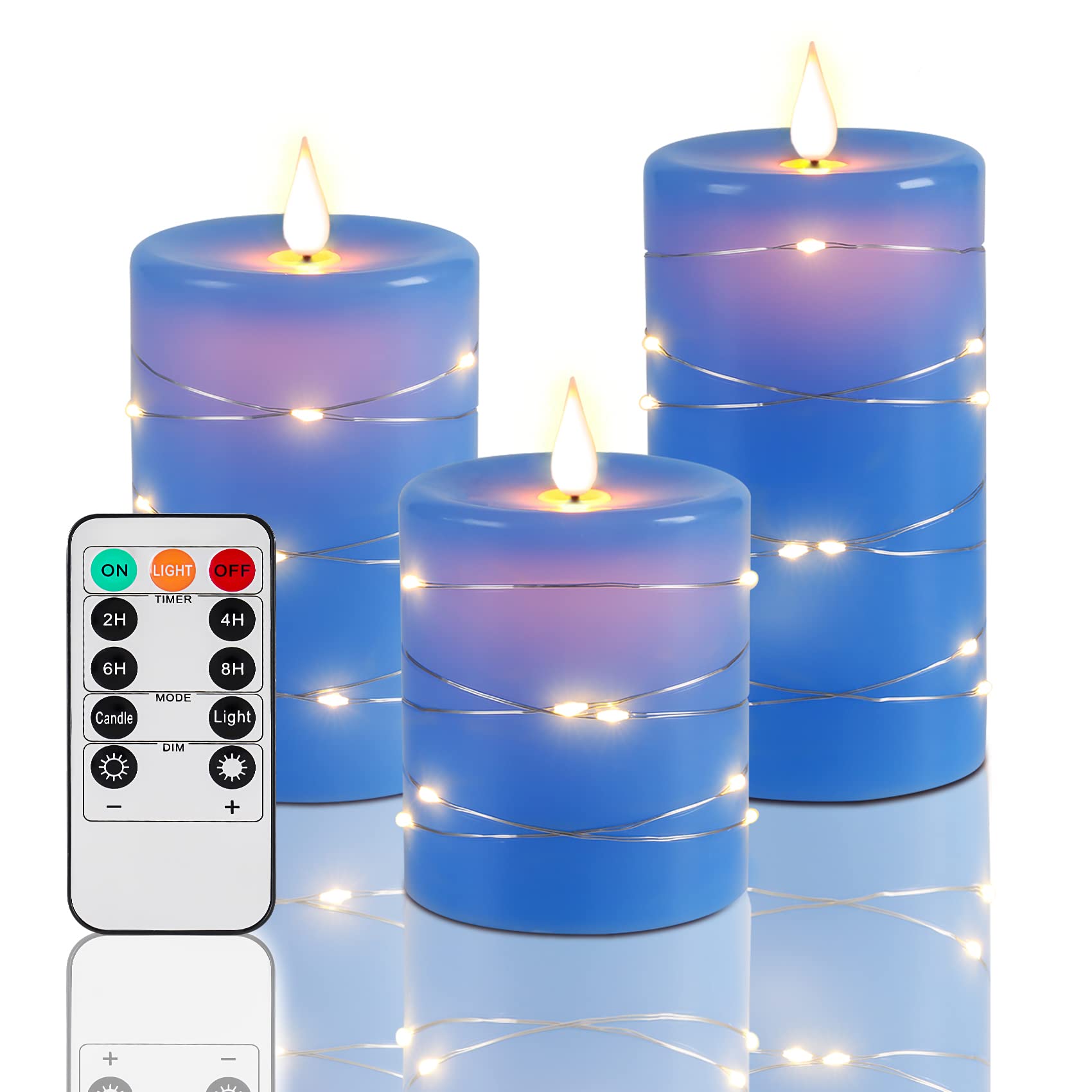 Upinmz blue flameless candle with embedded string lights for cozy ambiance