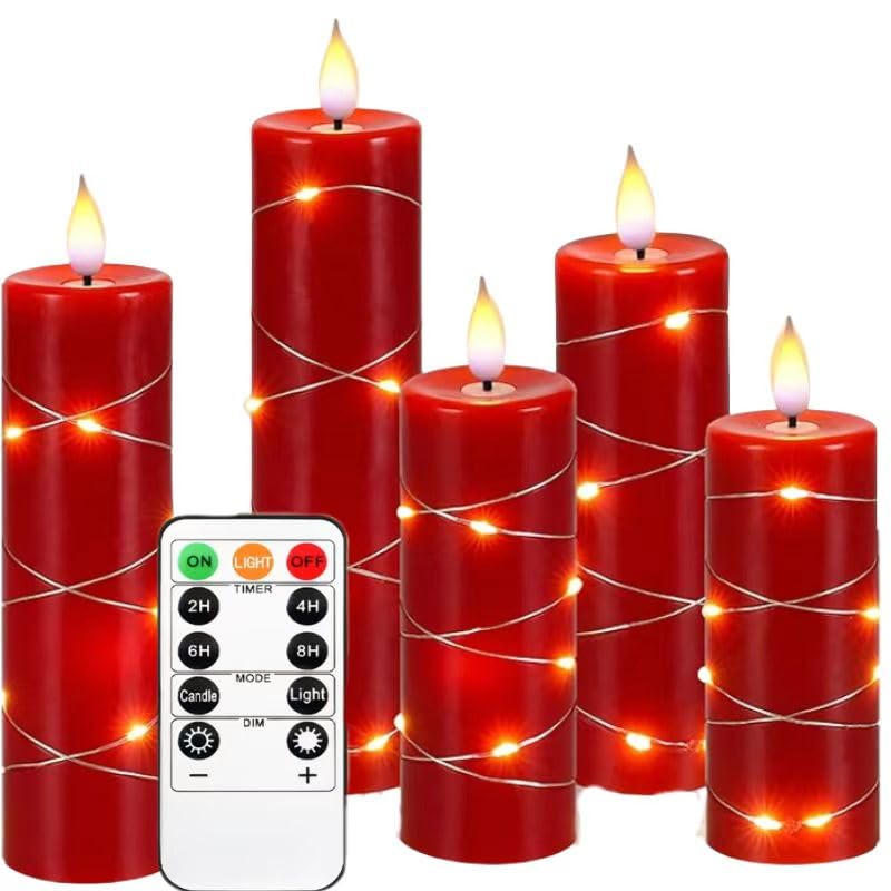 Upinmz red flameless candle with remote for safe, flickering ambiance.