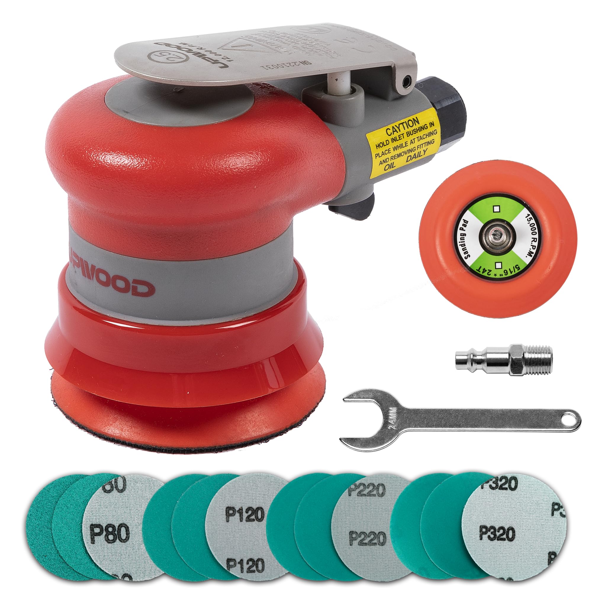 UPWOOD pneumatic sander front view shows compact palm design for longer sessions.