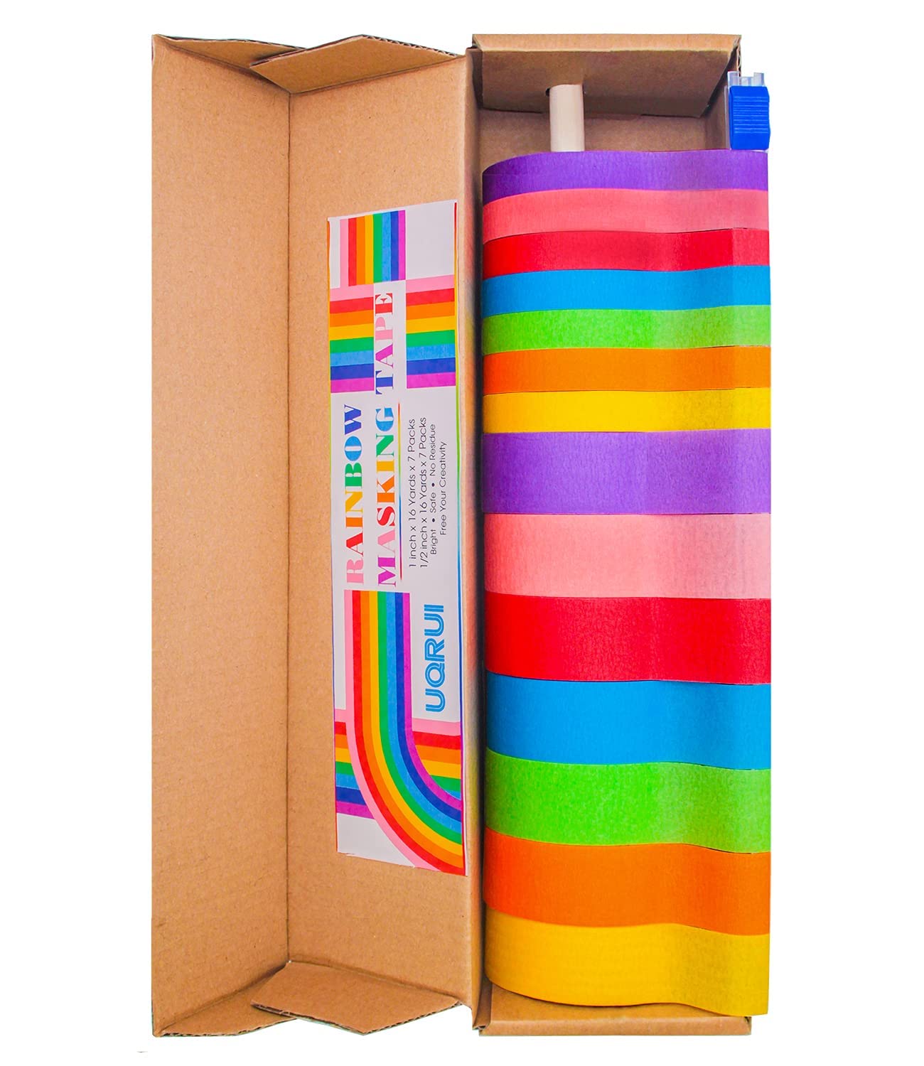 UQRUI rainbow masking tape 1in dispenser close-up for classroom labeling and crafts.