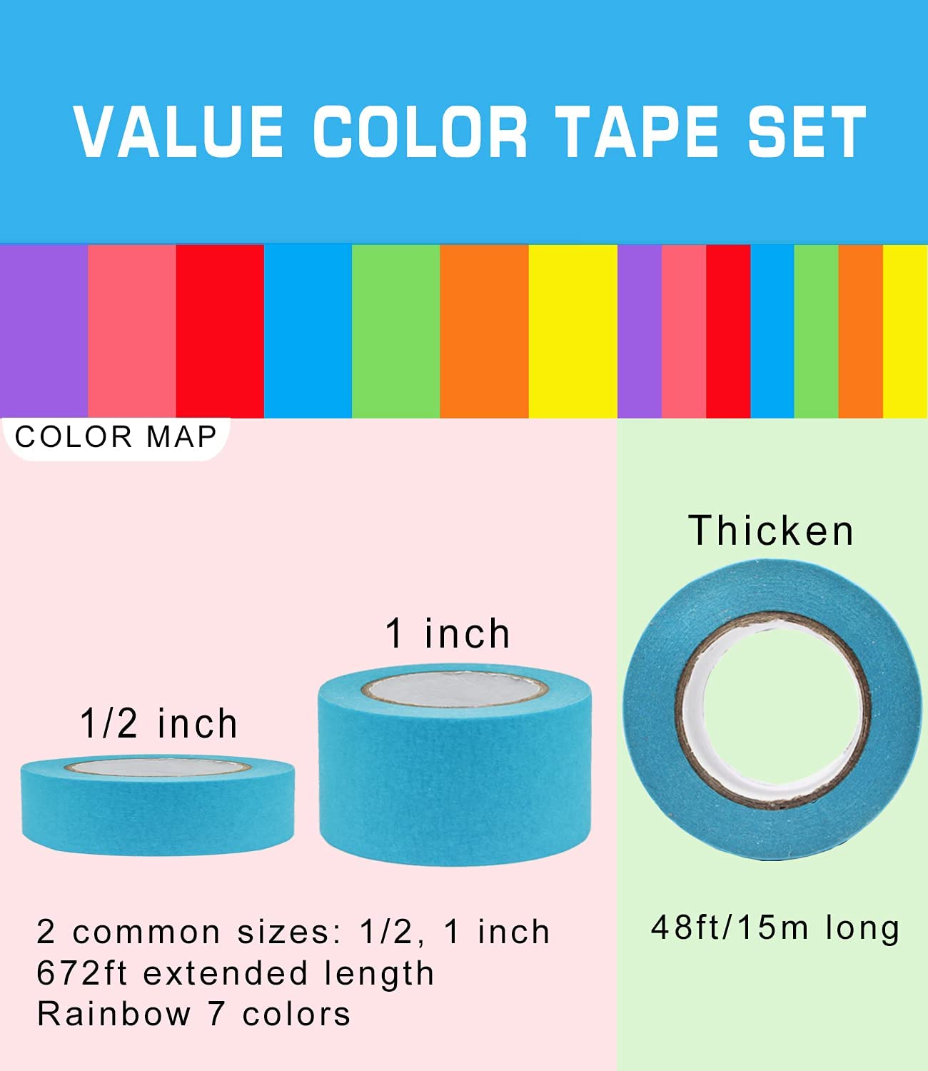UQRUI rainbow masking tape half-inch dispenser used for small labels and crafts.