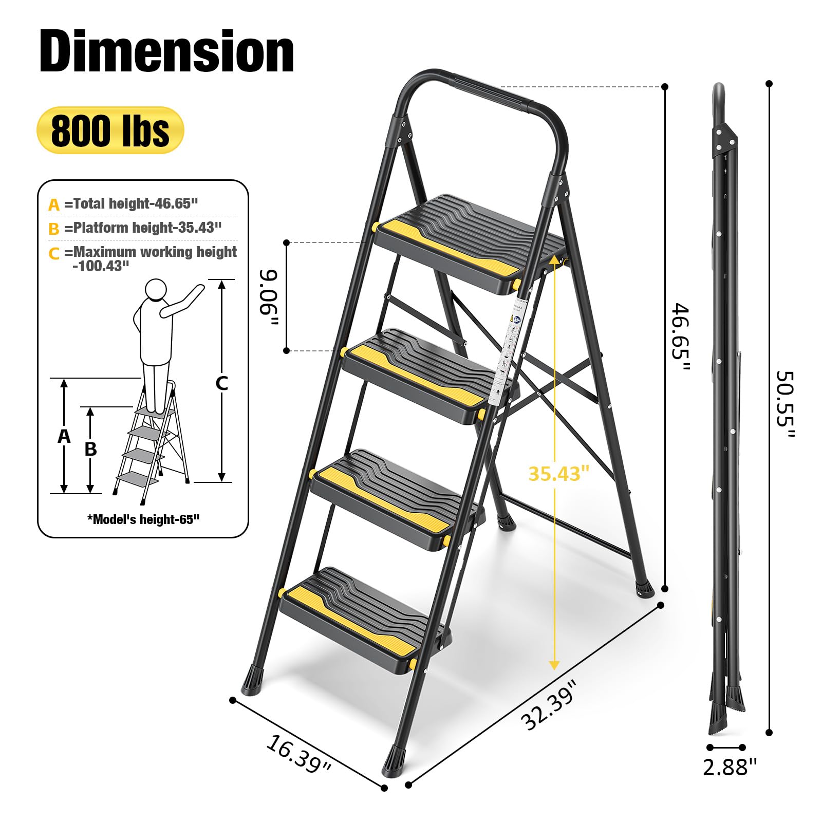 Urackify 4 step ladder with black finish suits modern spaces.