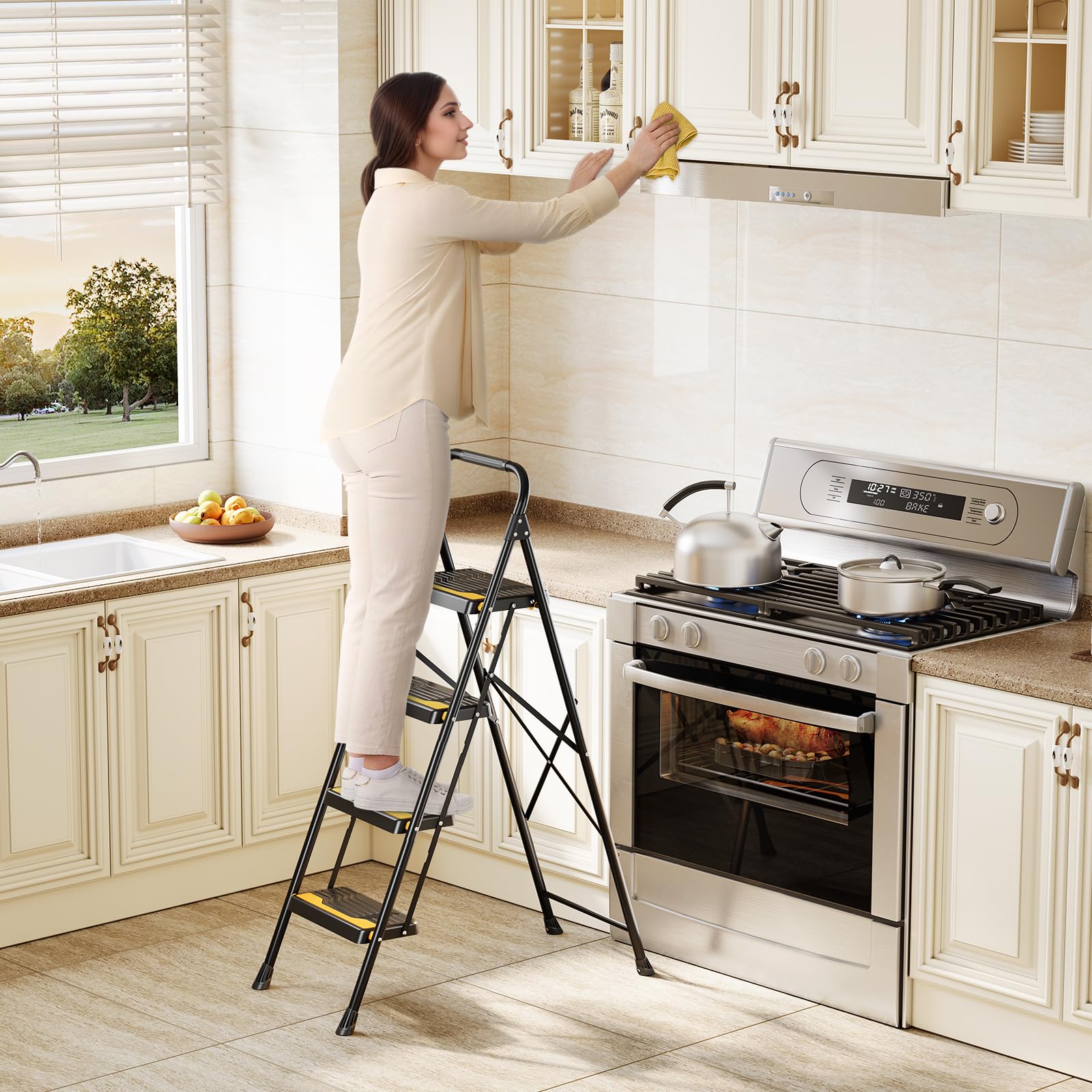 Urackify 4 step ladder showing ergonomic safety latch for secure folding.