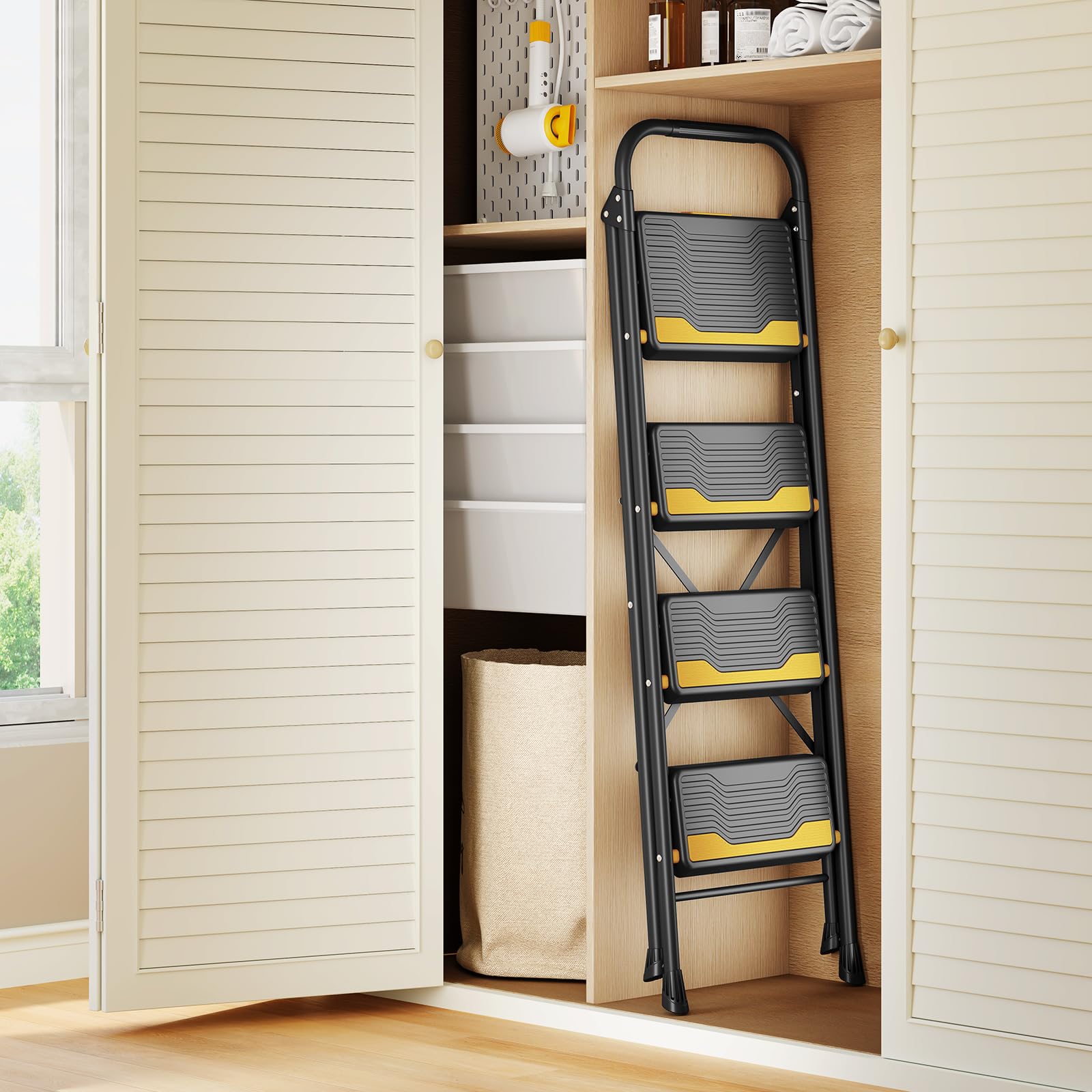 Urackify 4 step ladder great for kitchen, pantry, and cleaning tasks.