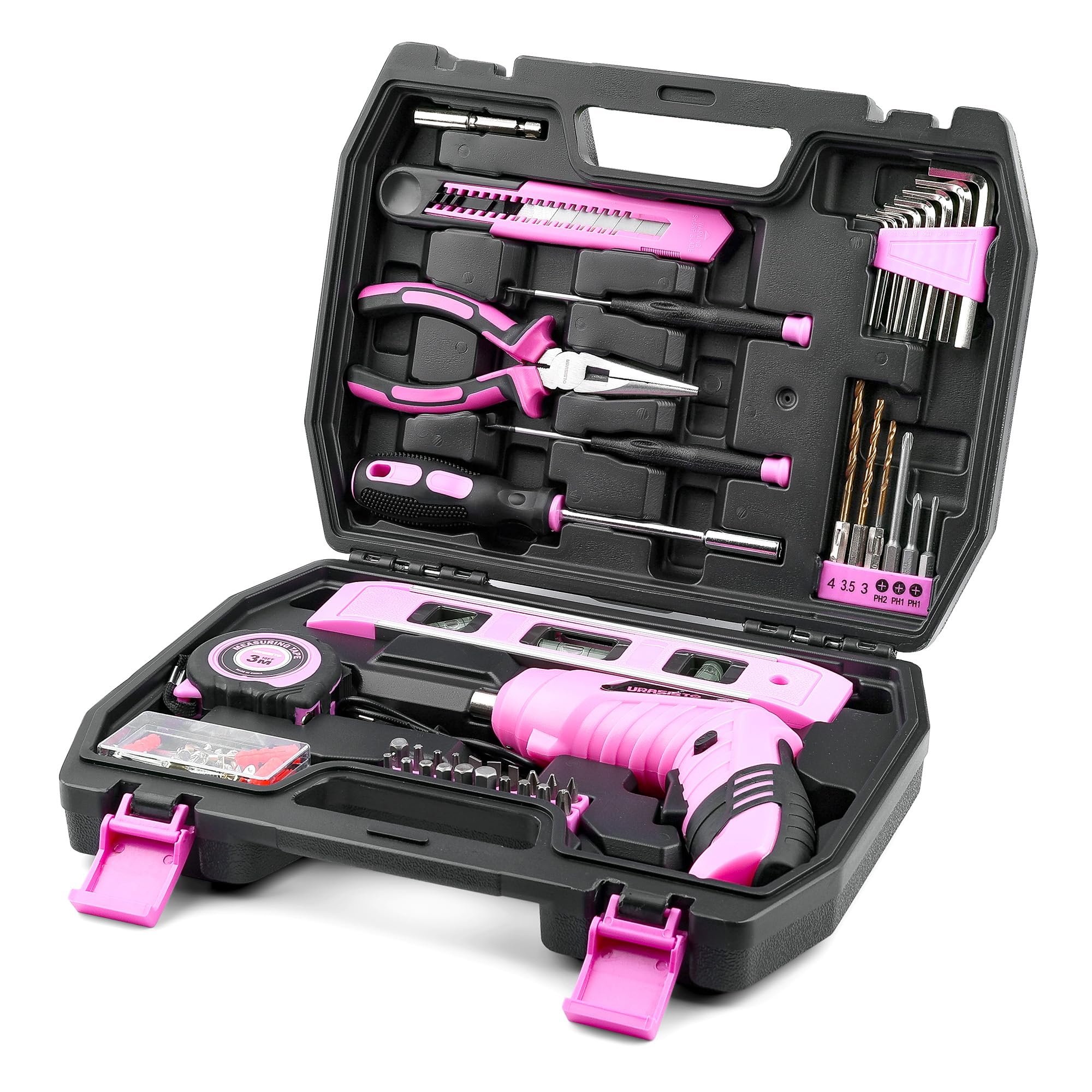 URASISTO 3-6V cordless pink screwdriver for quick home tightening and drilling.