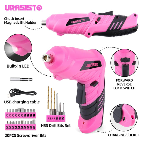URASISTO 3-6V USB-powered screwdriver on a workspace ready to drill.