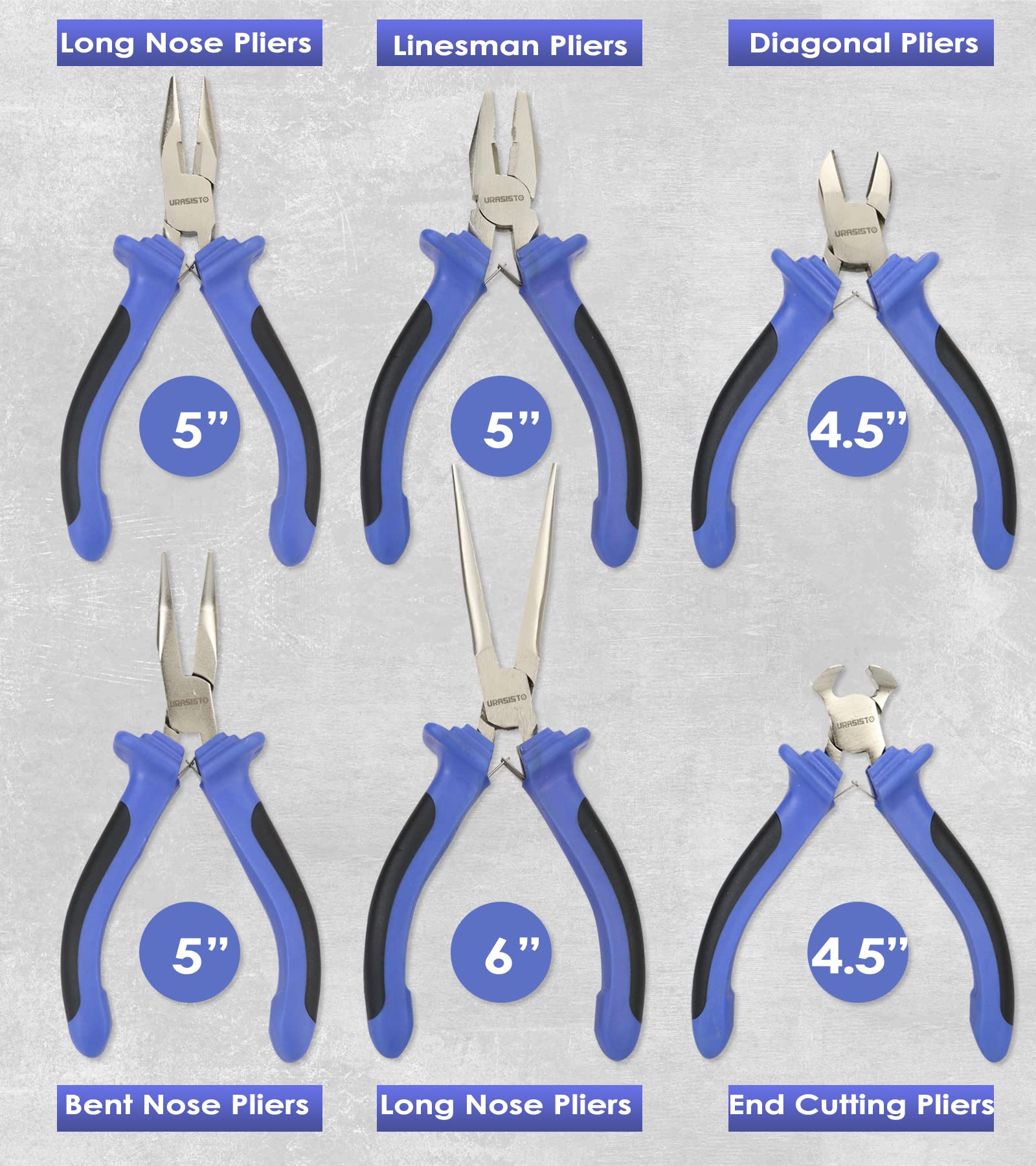URASISTO 6pcs pliers set, diagonal-cut pliers, precision wire trimming.