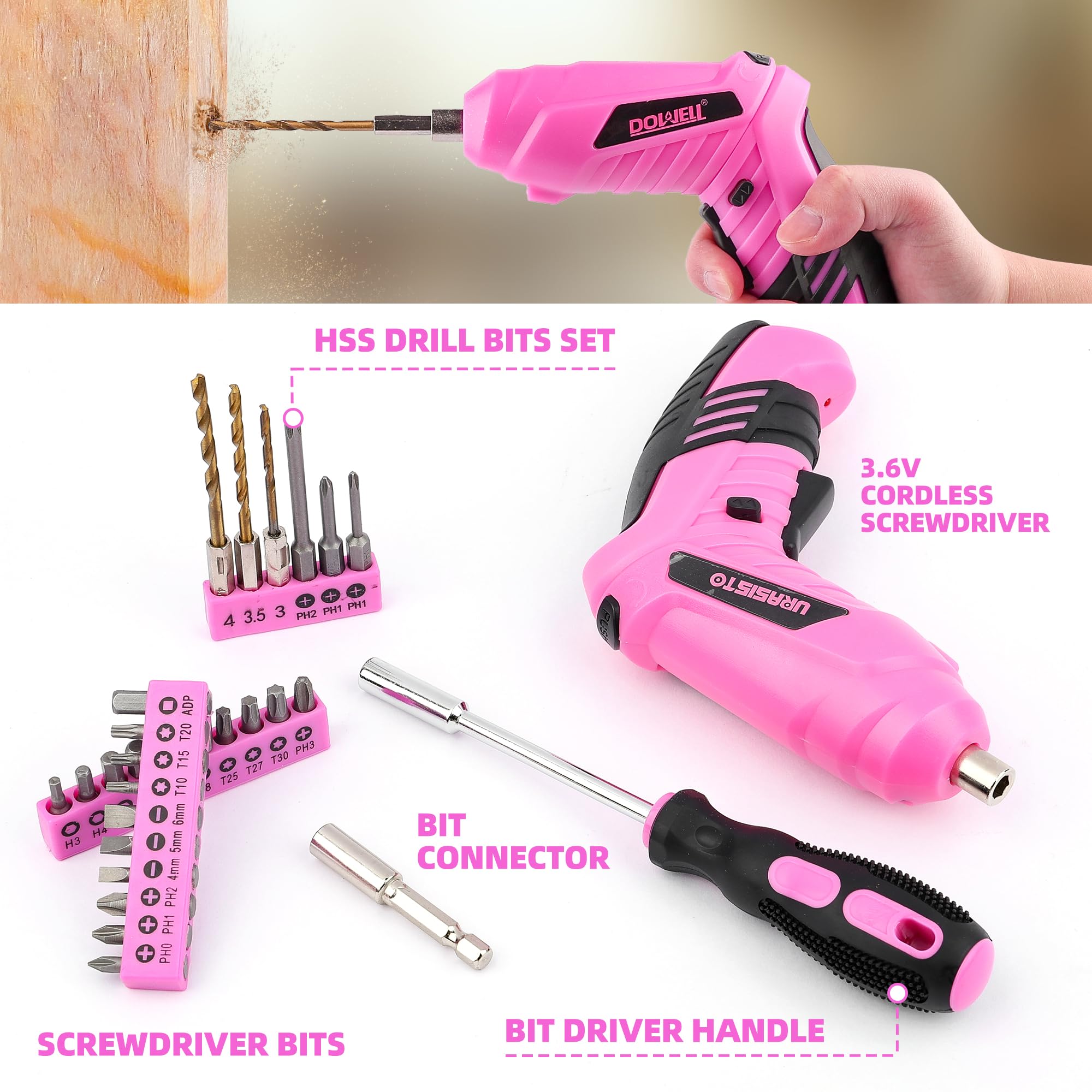 URASISTO cordless drill driver with essential bits for DIY projects.