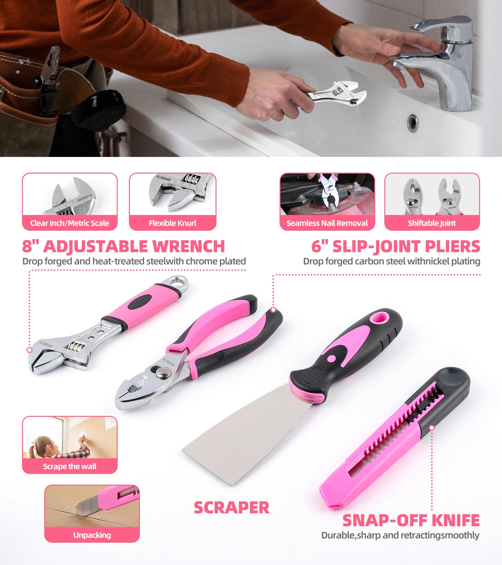 URASISTO pink adjustable wrench provides a solid grip for fittings