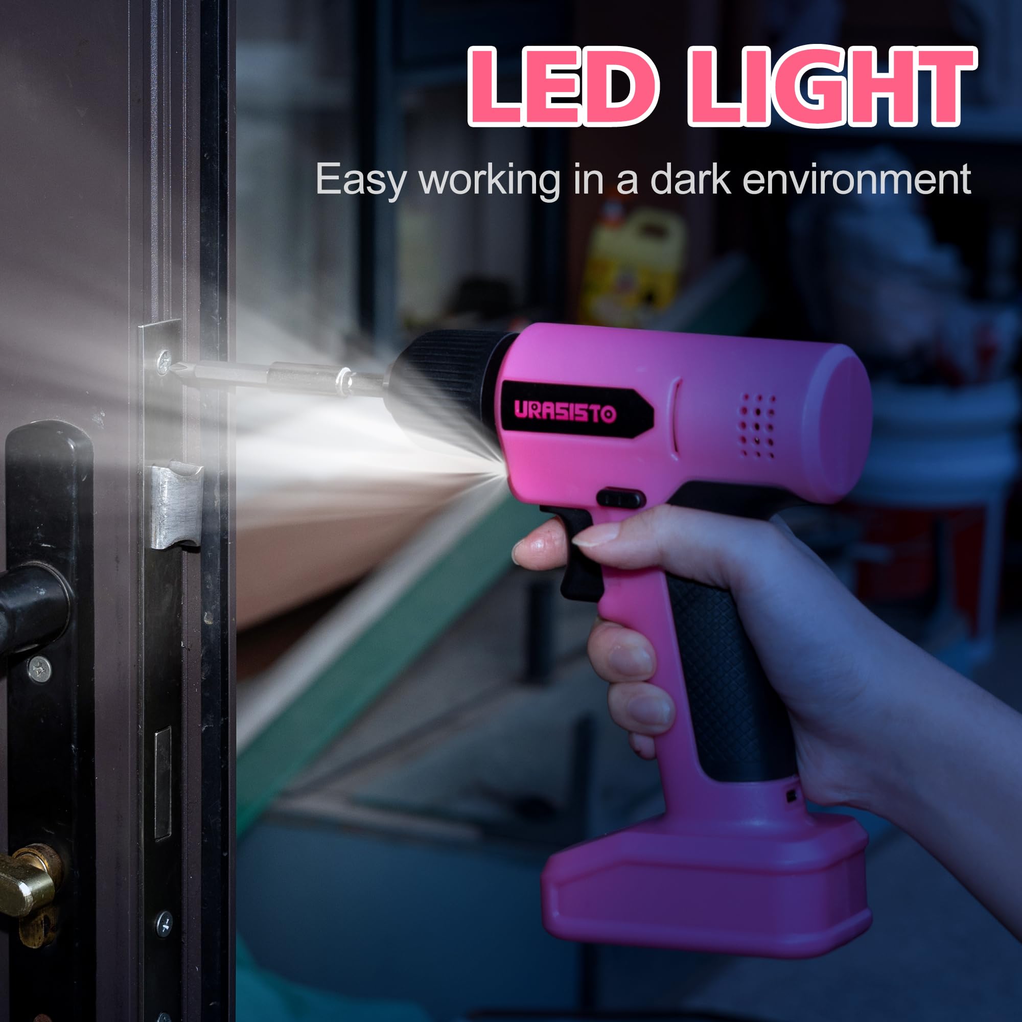 URASISTO pink cordless drill in action driving screws.