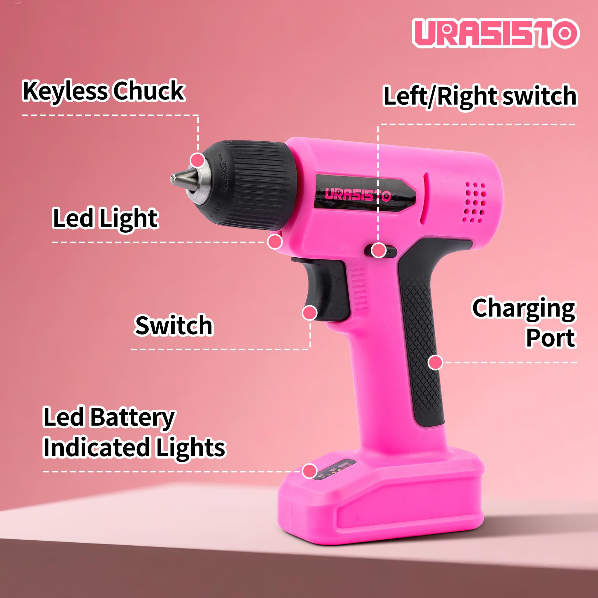 URASISTO pink drill with LED light illuminating workspace.