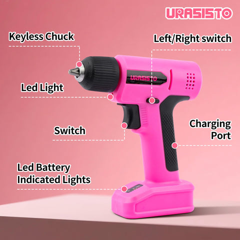 URASISTO pink drill with LED light illuminating workspace.
