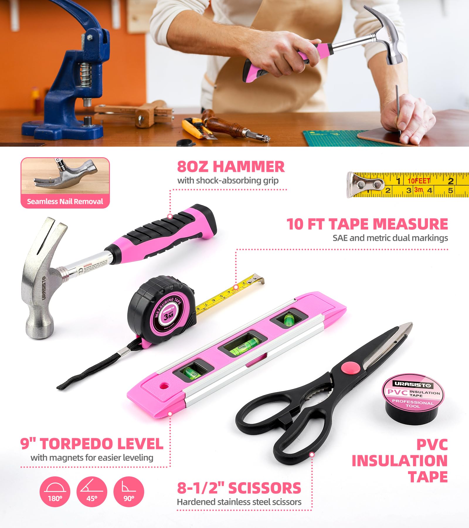 URASISTO pink hammer designed for reliable light tapping tasks