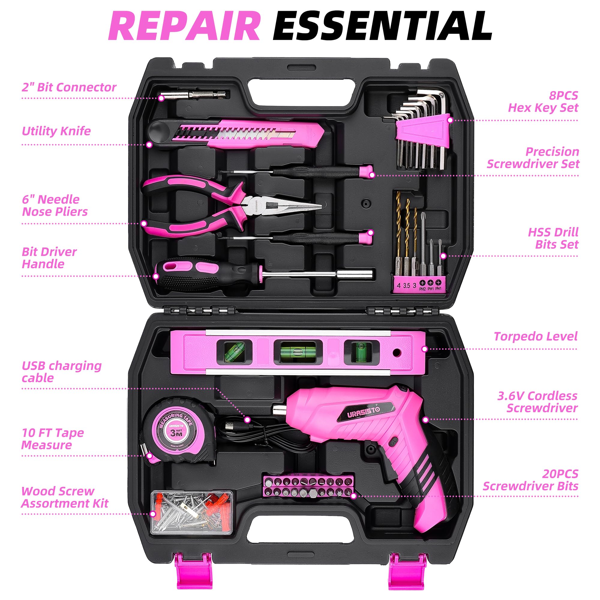 URASISTO pink tool kit organized in a portable box for easy storage.