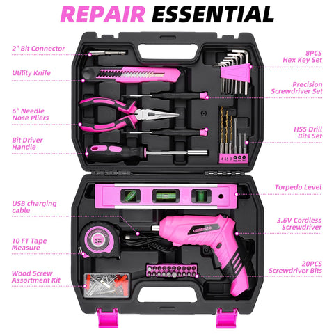 URASISTO pink tool kit organized in a portable box for easy storage.