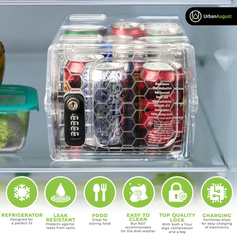 Urban August lock box fridge-fit design supports kitchen and office organization.