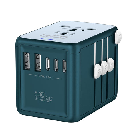 URJD universal travel adapter front view showing compact design