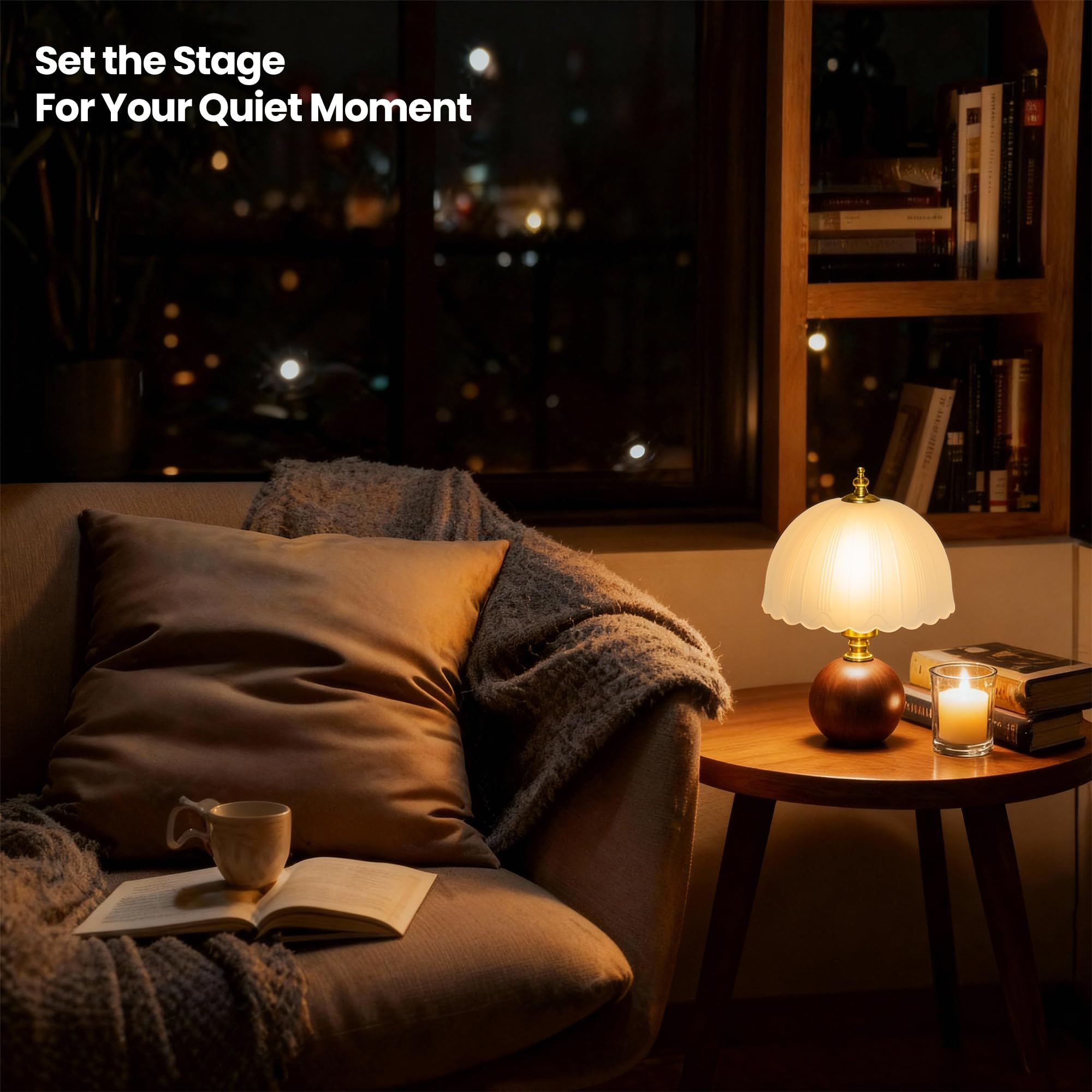 URLIGHTS wooden table lamp dimmable brightness for cozy reading and relaxation.