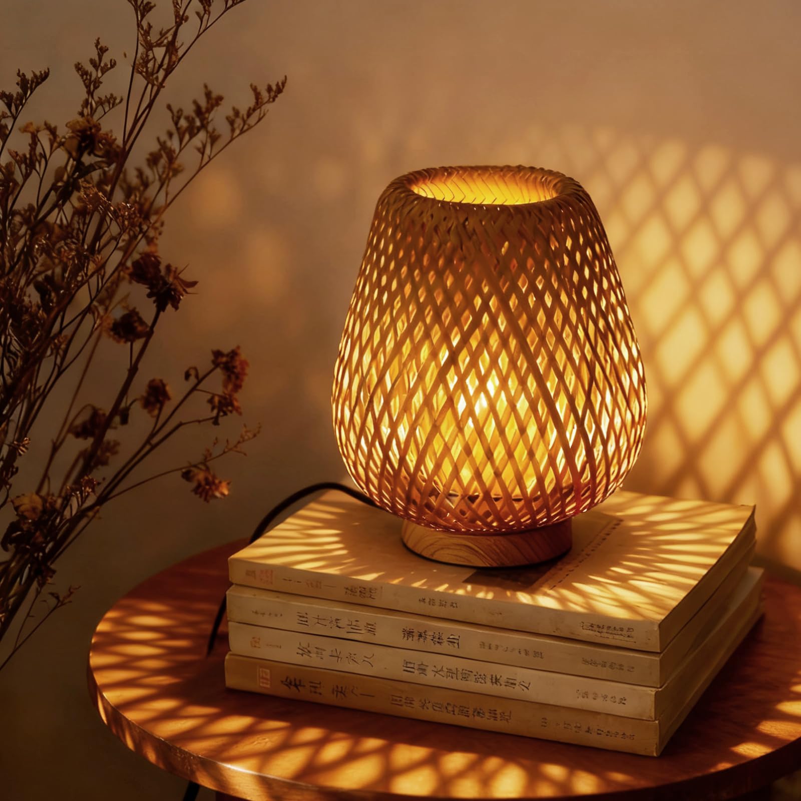 URLIGHTS table lamp with dual-layer bamboo shade illuminating a cozy living room.