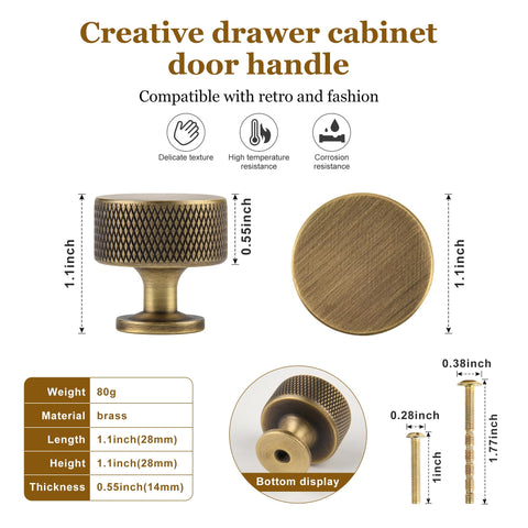 Urnew brass dresser knob with textured finish, 1.1-inch diameter and refined grip.