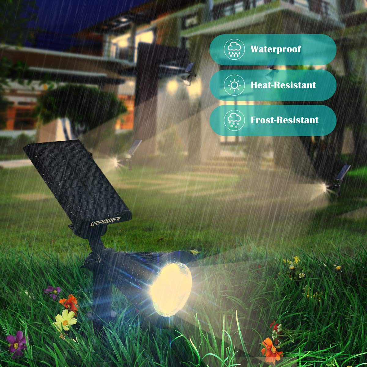 URPOWER ground stake option brightens pathways and patios at dusk.