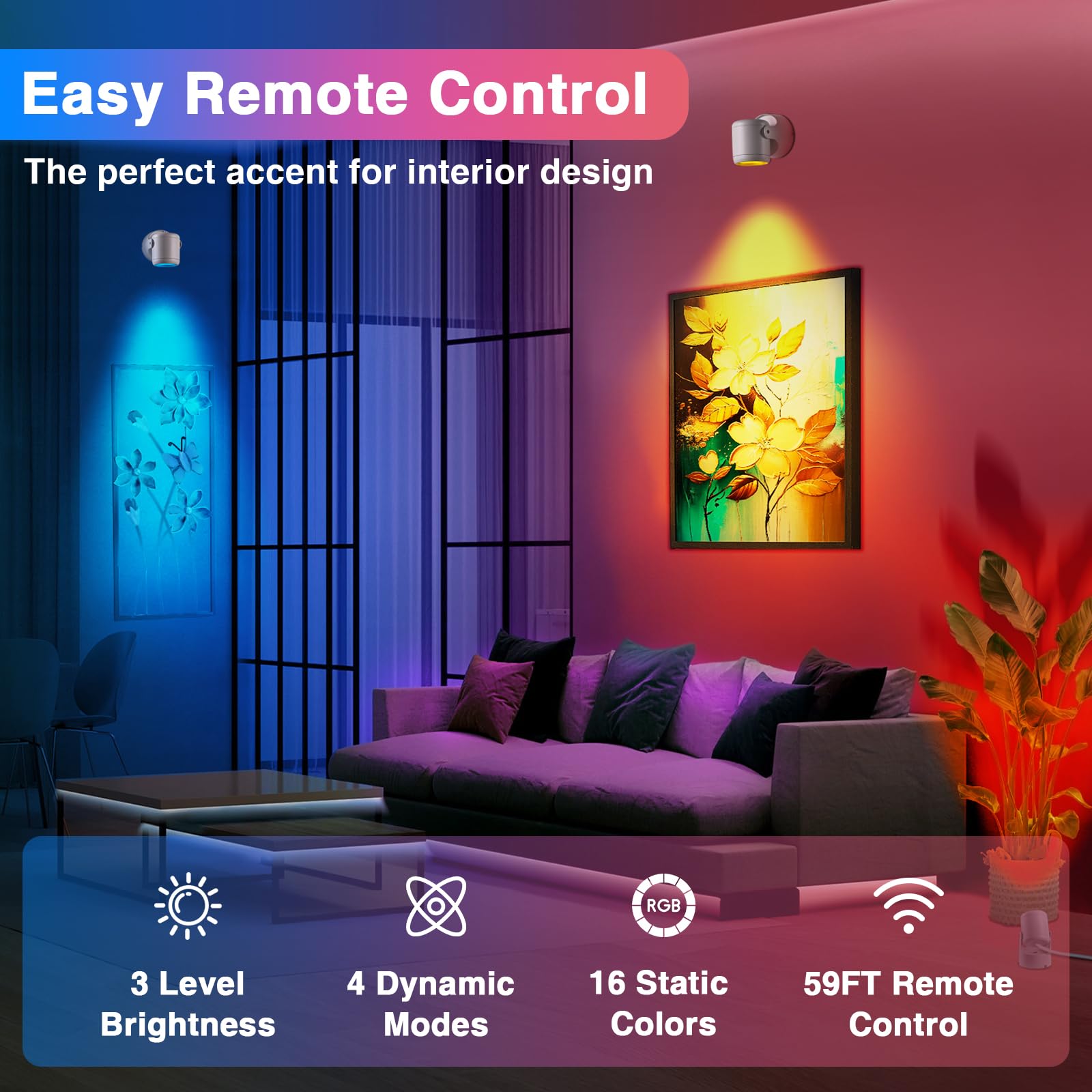 URTOM indoor spotlights with remote control for easy color and brightness adjustments.