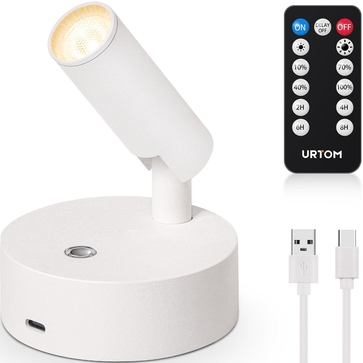 URTOM Wireless LED Spotlight uplights a wall art piece for subtle room ambience.