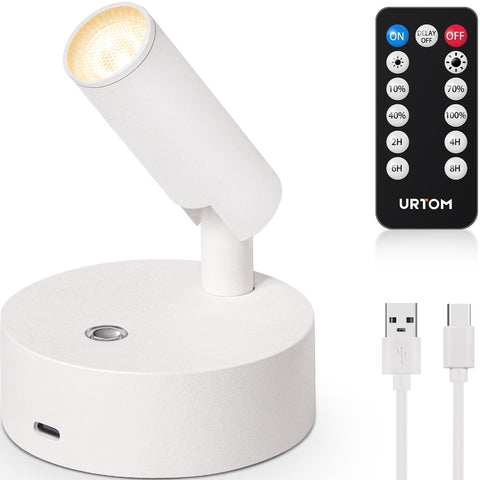 URTOM Wireless LED Spotlight uplights a wall art piece for subtle room ambience.